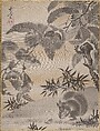 Squirrels Gathering Chestnuts, Kawanabe Kyōsai 河鍋暁斎  Japanese, Album leaf; ink and gold on silk, Japan