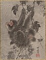 Monkey Hanging from Grapevines, Kawanabe Kyōsai 河鍋暁斎  Japanese, Album leaf; ink and red on silk, Japan