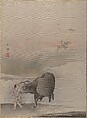 Boy with Cow at the River's Edge, Hashimoto Gahō  Japanese, Album leaf; ink and color on silk, Japan