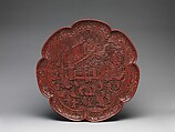 Tray with women and boys on a garden terrace, Carved red lacquer, China