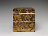 Cosmetic Box (mayudzukuri-bako) with Pine, Bamboo, Plum, and Tokugawa Family Crest on Wood-Grain Ground, Lacquered wood with gold, silver takamaki-e, hiramaki-e, togidashimaki-e, gold and silver foil application, gold and silver inlay on wood-grain lacquer ground, Japan