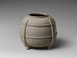 Four-Legged jar, Stoneware with green glaze and relief decoration (Sanage ware), Japan