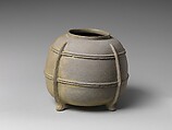 Four-Legged jar, Stoneware with green glaze and relief decoration (Sanage ware), Japan