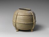 Four-Legged jar, Stoneware with green glaze and relief decoration (Sanage ware), Japan