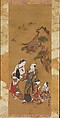 Yukihira and Two Brinemaidens at Suma, Okumura Masanobu (Japanese, 1686–1764), Hanging scroll; ink and color on silk, Japan