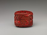 Box with figures in a landscape and peony, Red carved lacquer, Japan