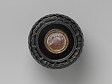 Covered box with lotus-petal rim, Black lacquer with mother-of-pearl inlay and pewter wires, China