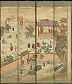 Celebratory scene, Set of 12 hanging scrolls; silk embroidery and paint on silk satin, China