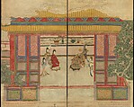 Celebratory scene, Set of 12 hanging scrolls; silk embroidery and paint on silk satin, China