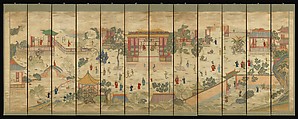 Celebratory scene, Set of 12 hanging scrolls; silk embroidery and paint on satin, China