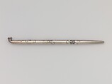 Tobacco Pouch and Pipe with Netsuke of Freshwater Pearl in Gold Mount, Pouch: Dutch embossed leather with silver foil, and color
Clasp: gold, shakudō and shibuichi
Ojime: gold
Netsuke: freshwater pearl and gold
Pipe: metal
Pipe case: Dutch embossed leather with silver foils, and color, Japan