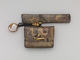 Tobacco Pouch and Pipe with Netsuke of Freshwater Pearl in Gold Mount, Pouch: Dutch embossed leather with silver foil, and color
Clasp: gold, shakudō and shibuichi
Ojime: gold
Netsuke: freshwater pearl and gold
Pipe: metal
Pipe case: Dutch embossed leather with silver foils, and color, Japan