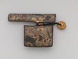 Tobacco Pouch and Pipe with Netsuke of Freshwater Pearl in Gold Mount, Pouch: Dutch embossed leather with silver foil, and color
Clasp: gold, shakudō and shibuichi
Ojime: gold
Netsuke: freshwater pearl and gold
Pipe: metal
Pipe case: Dutch embossed leather with silver foils, and color, Japan