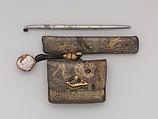 Tobacco Pouch and Pipe with Netsuke of Freshwater Pearl in Gold Mount, Pouch: Dutch embossed leather with silver foil, and color
Clasp: gold, shakudō and shibuichi
Ojime: gold
Netsuke: freshwater pearl and gold
Pipe: metal
Pipe case: Dutch embossed leather with silver foils, and color, Japan