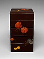 Tiered Food Box with Summer and Autumn Fruits, Shibata Zeshin (Japanese, 1807–1891), Brown lacquer with gold, silver, and colored lacquer maki-e, Japan