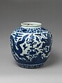 Jar with dragon and stylized character for longevity (shou), Porcelain painted in underglaze blue, China
