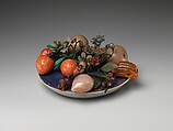 Dish of Fruit and Peach Blossoms, Jade (jadeite) and various stones, amber, glass, bone, and feathers, China
