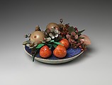 Dish of Fruit and Peach Blossoms, Jade (jadeite) and various stones, amber, glass, bone, and feathers, China