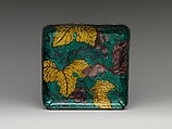 Square Plate with Design of Grapes and Squirrel, Stoneware with overglaze polychrome enamels (Hizen ware, Kutani type), Japan