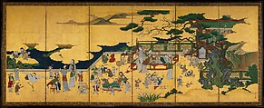 One Hundred Boys, Kano Einō (Japanese, 1631–1697), Pair of six-panel folding screens; ink, color, and gold on paper, Japan