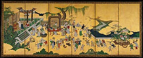 One Hundred Boys, Kano Einō (Japanese, 1631–1697), Pair of six-panel folding screens; ink, color, and gold on paper, Japan