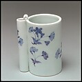 Brush Holder in form of a bird-feeding vessel, Porcelain decorated with blue under the glaze (Hirado ware), Japan