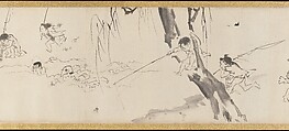 Frolicking Figures and Animals, Kawanabe Kyōsai 河鍋暁斎 (Japanese, 1831–1889), Handscroll; wash drawing, Japan