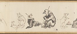 Frolicking Figures and Animals, Kawanabe Kyōsai 河鍋暁斎 (Japanese, 1831–1889), Handscroll; wash drawing, Japan