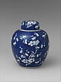 Covered jar decorated with blossoming plum and cracked ice, Porcelain painted in underglaze cobalt blue (Jingdezhen ware), China