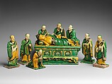 Par nirvana (death and transcendence of the Buddha) and attendant arhats, Qiao Bin (Chinese, active 1481–1507), Earthenware with polychrome glaze, China
