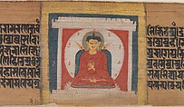 Buddha Enthroned in a Shrine, Leaf from a dispersed Pancavimsatisahasrika Prajnaparamita Manuscript, Opaque watercolor on palm leaf, India (Bengal) or Bangladesh