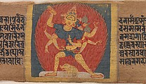 Wrathful Eight-armed and Three-faced Goddess Tara Marichi, Leaf from a dispersed Pancavimsatisahasrika Prajnaparamita Manuscript, Opaque watercolor on palm leaf, India (Bengal) or Bangladesh