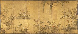Flowering Plants and Vegetables of the Four Seasons, Pair of six-panel folding screens; ink, light color, and gold leaf on paper, Japan