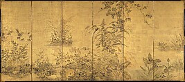 Flowering Plants and Vegetables of the Four Seasons, Pair of six-panel folding screens; ink, light color, and gold leaf on paper, Japan