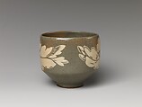 Tea Bowl with Peony Decoration, Stoneware with inlaid design (Yatsushiro ware), Japan