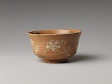 Teabowl, Kikkutei II (?), Clay; thin, light glaze with decoration white underglaze (Sumidagawa pottery), Japan