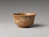 Teabowl, Kikkutei II (?), Clay; thin, light glaze with decoration white underglaze (Sumidagawa pottery), Japan