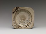 Square Dish with Decoration of Cherry Blossoms, Utsutsugawa ware; stoneware with cobalt-blue and iron-brown design over brushed slip, Japan