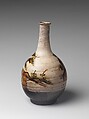 Bottle with Decoration of Pine Tree, Stoneware with iron-painted design and copper-green glaze over brushed white slip (Takeo Karatsu ware), Japan