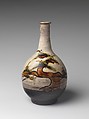 Bottle with Decoration of Pine Tree, Stoneware with iron-painted design and copper-green glaze over brushed white slip (Takeo Karatsu ware), Japan