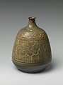 Bottle, Clay with inlaid mishima pattern under a transparent glaze (Satsuma), Japan