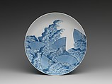 Dish with Fans Floating on a Stream, Porcelain with underglaze blue and overglaze enamels (Hizen ware, Nabeshima type), Japan