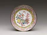 Dish with flowers, fruits, and butterfly, Painted enamel on copper alloy, China