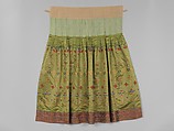 Theatrical skirt with designs from Buddhist jewelry, Silk and metallic-thread embroidery on silk satin, brocade borders, China
