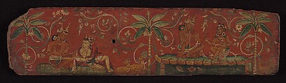 Book cover illustrated with scenes from Kalidasa’s Shakuntala, Ink and color on wood, Nepal, Kathmandu Valley