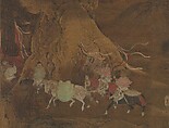 Emperor Xuanzong's Flight to Shu, Unidentified artist Chinese, active mid-12th century, Hanging scroll; ink, color, and gold on silk, China