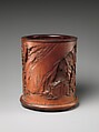 Brush Holder with Travelers in a Landscape, Bamboo and wood, China