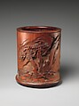Brush Holder with Travelers in a Landscape, Bamboo and wood, China