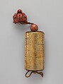 Inrō with Wisteria Trellis, Inrō: five cases; lacquered wood with gold and silver takamaki-e, hiramaki-e, togidashimaki-e, cutout gold foil application on gold lacquer ground; ojime: goldstone (glass) bead; netsuke: three wise monkeys; carved wood with red lacquer, Japan