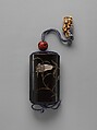 Case (Inrō) with Design of Grasshopper on Stalk of Flowering Lily, Nomura Chōkei (dates unknown) (Japanese), Case: Powdered gold (maki-e) on black lacquer with mother-of-pearl, pewter, and ceramic inlays; floral decoration on risers in incised gold; Fastener (ojime): carved red lacquer with design of Chinese sage and pine; Toggle (netsuke): stained ivory carved in the shape of a farm woman and child (signed: Homin), Japan